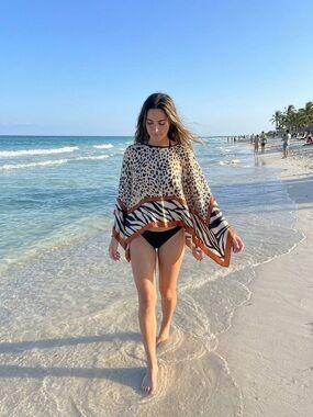 Womens Animal Print Beach Poncho Cover-Up in Tan and Black